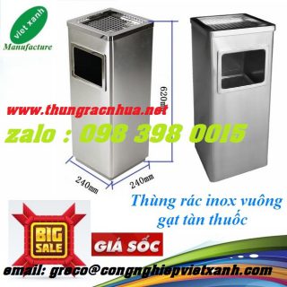 Thùng rác inox vuông có gạt tàn thuốc lá